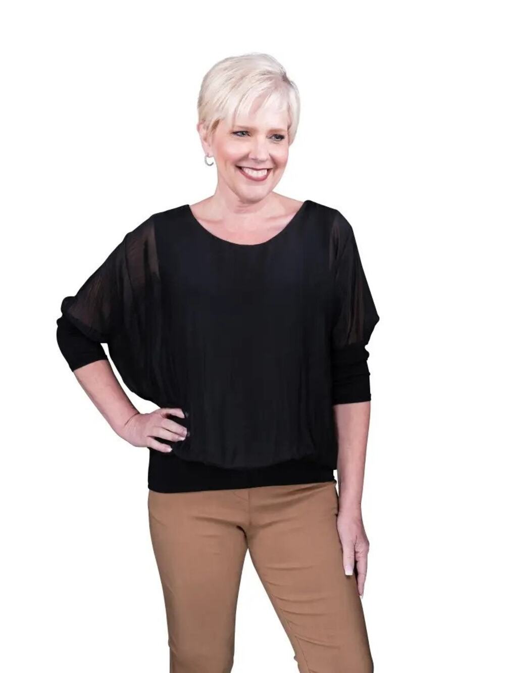 NWT Tina Stephens Rosa Lined Banded Bottom Silk Top Made Italy One Size BLACK